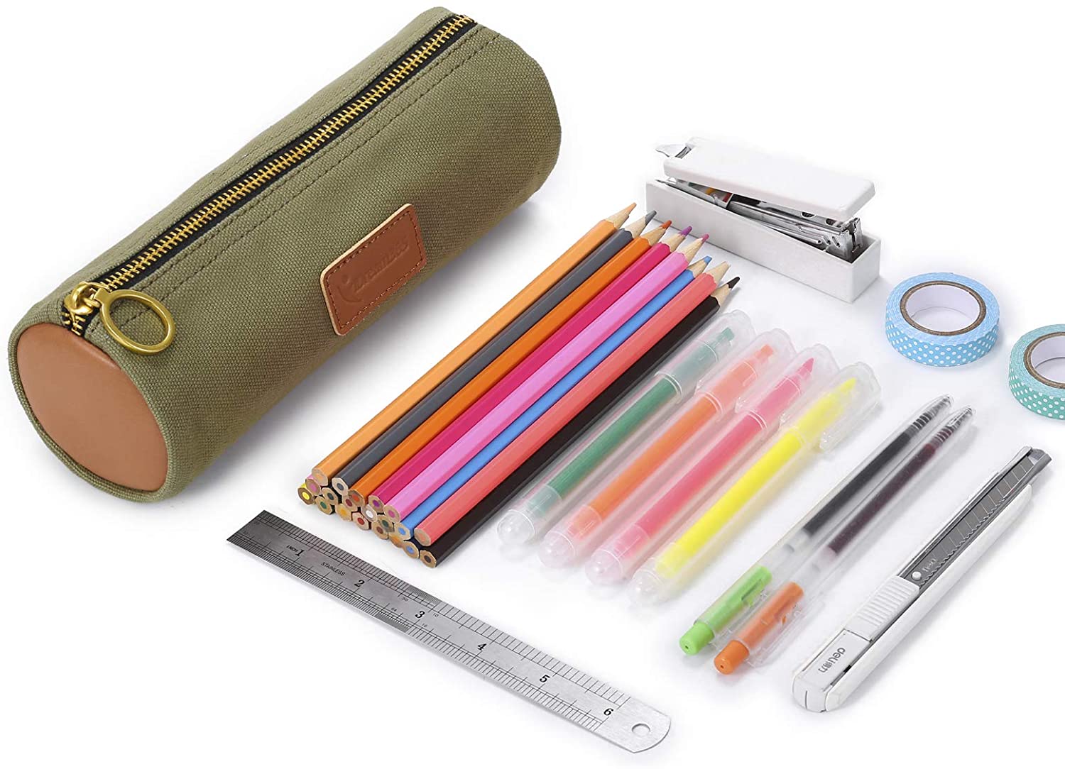  Canvas Simple Pencil Case Bag Pouch Durable with Brass Zipper Match Color Design-Green 