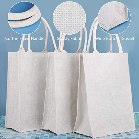 White Jute Shopping Tote Bags with Handles Wedding Bridesmaid Gift Bags Bulk Plain Bags to Personalize Embroidery DIY Art Crafts Reusable Grocery Bag